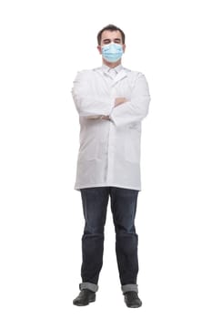 Doctor wearing protective latex gloves and face mask. Front view of man's face wearing a medical mask. Coronavirus Covid-19 and health care concept