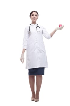 female doctor with a laboratory flask in her hands. isolated on a white background.