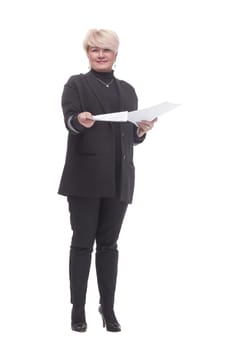 in full growth. business woman with a stack of business documents. isolated on a white background.