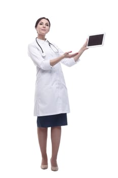 in full growth. female doctor with a digital tablet. isolated on a white background.