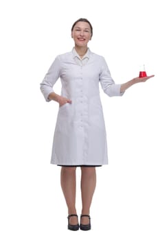 in full growth. medical woman with a laboratory flask. isolated on a white background.