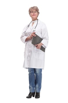 Front view of nice female doctor holding clipboard smiling isolated on white background.