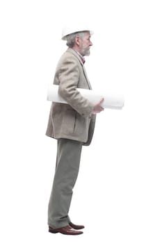 in full growth. male architect with drawings. isolated on a white background.