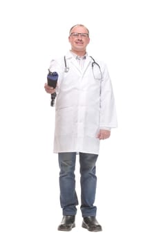Male doctor holding blood pressure monitor on white background. Medical object