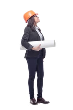 Businesswoman architect holding blueprints isolated on white background and wearing orange hardhat