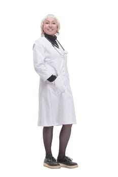 full-length. qualified female medical doctor. isolated on a white background.