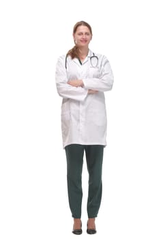 Front view of attractive happy smiling female doctor physician nurse standing with arms crossed, isolated on white