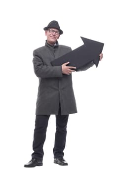 intelligent man in a hat pointing in the direction. isolated on a white background.