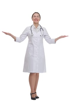 full-length. female doctor with a stethoscope . isolated on a white background.