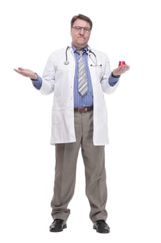 in full growth. General practitioner with a laboratory flask.isolated on a white background.