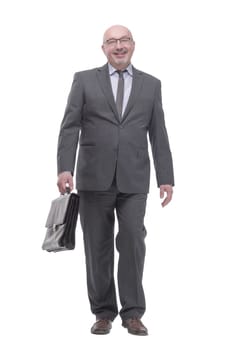 Executive business man with a leather briefcase. isolated on a white background.