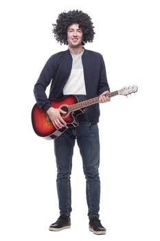 funny curly-haired guy with a guitar . isolated on a white background.