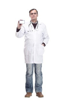 full-length. qualified doctor showing his visiting card. isolated on a white background.