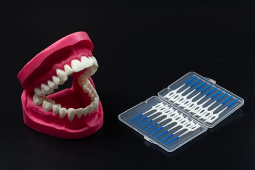 Layout of the human jaw with silicone interdental toothpick brushes on the black background.