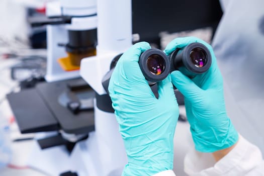 Close up of binoculars of microscope focused on a specimen.