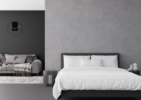 Interior mock up, loft style. Empty wall in modern bedroom. Copy space for your artwork, picture, poster. Contemporary style interior design. Apartment or hotel room with bed. 3D render