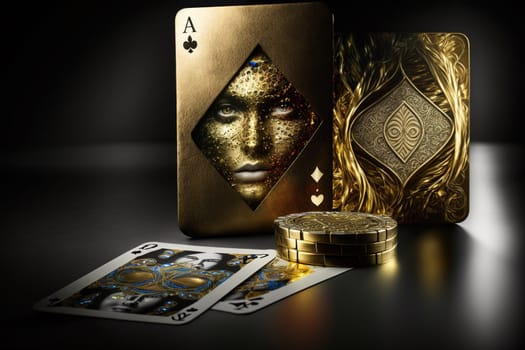 Golden Poker. Texas club poker, online casinos, playing cards, nightlife. Vegas Gambling industry, Casino market, virtual poker, chips, tokens dices tournament luxury deluxe. Generative AI