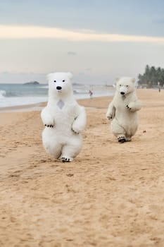 Animators dressed as polar bears entertain people on the beach. High quality photo