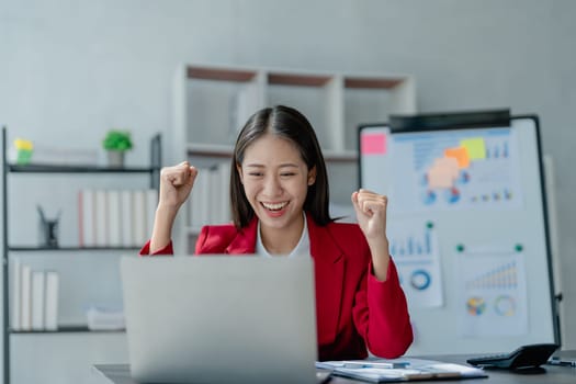 Business, finance and employment, female successful entrepreneurs concept. Confident smiling asian businesswoman, using laptop at work