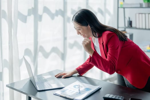 Business, finance and employment, female successful entrepreneurs concept. Confident smiling asian businesswoman, using laptop at work