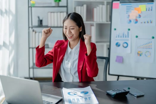 Business, finance and employment, female successful entrepreneurs concept. Confident smiling asian businesswoman, using laptop at work