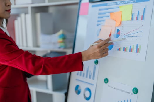 portrait of Beautiful young asian businesswoman presents business profits to colleagues at meeting, explaining business turn over on flipchart to coworkers in office with using tablet.