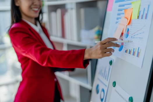 portrait of Beautiful young asian businesswoman presents business profits to colleagues at meeting, explaining business turn over on flipchart to coworkers in office with using tablet.