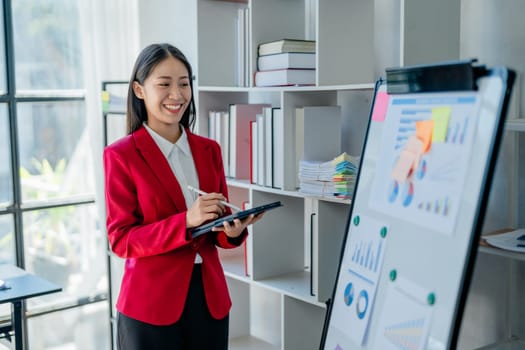 portrait of Beautiful young asian businesswoman presents business profits to colleagues at meeting, explaining business turn over on flipchart to coworkers in office with using tablet.