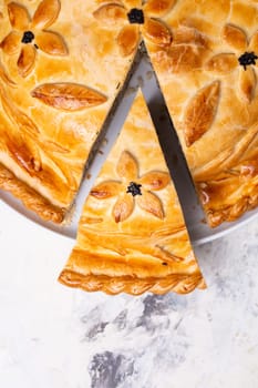 top view of homemade chicken pie. homemade food on the table.