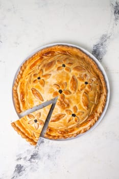 top view of homemade chicken pie. homemade food on the table.