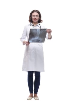 Mature female doctor looking at an x-ray. isolated on a white background.