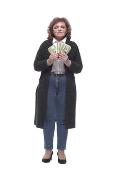 in full growth. woman showing a lot of cash bills. isolated on a white background