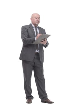 in full growth. business man with clipboard.isolated on a white background.