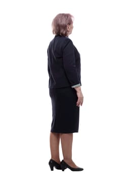 rear view. senior business lady reading an ad on a white screen. isolated on a white background