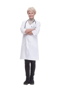 in full growth. responsible female doctor with a stethoscope. isolated on a white background.