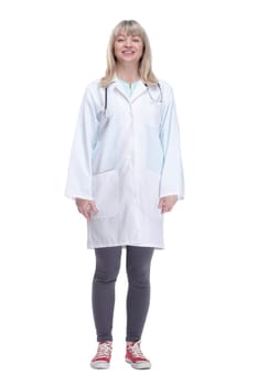 in full growth.female doctor in a white coat . isolated on a white background.