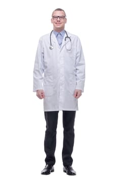 Casual portrait of handsome male surgeon with stethoscope around his neck looking at camera
