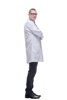 Full body shot handsome young doctor wearing glasses with arms crossed on white background. Side view