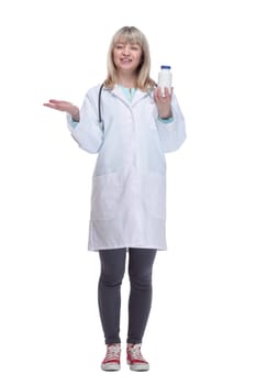 in full growth. smiling expert doctor with hand antiseptic. isolated on a white background.