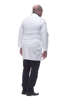 rear view. doctor-therapist reading an ad on a white screen. isolated on a white background