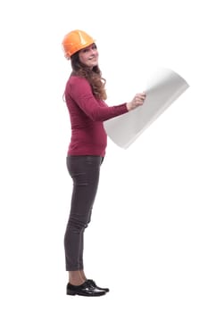 side view. young woman architect looking forward. isolated on a white background.