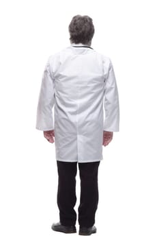 rear view. senior doctor reading an ad on a large white screen. isolated on a white