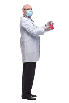 side view. a doctor with a lab flask looking at you. isolated on a white background