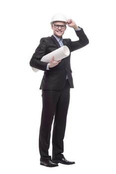 in full growth. young architect with drawings. isolated on a white background.