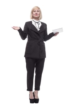 in full growth. attractive business woman with a digital tablet. isolated on a white background.
