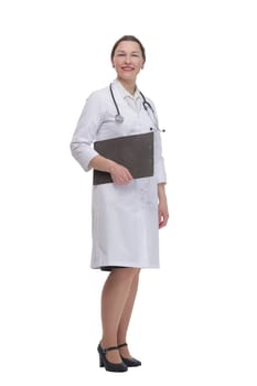 in full growth.female doctor with clipboard. isolated on a white background.