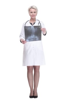 in full growth. female physician with x-ray of the lungs . isolated on a white background.