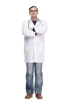 in full growth. qualified doctor with a stethoscope. isolated on a white background.