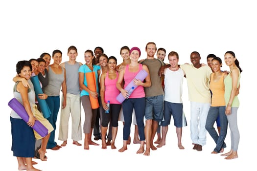 Yoga on white. Portrait of a group of yoga enthusiasts isolated on white