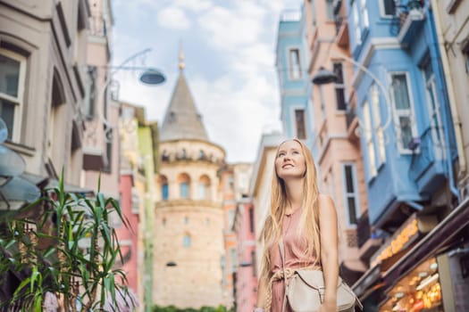 Portrait of beautiful woman tourist with view of Galata tower in Beyoglu, Istanbul, Turkey. Turkiye.